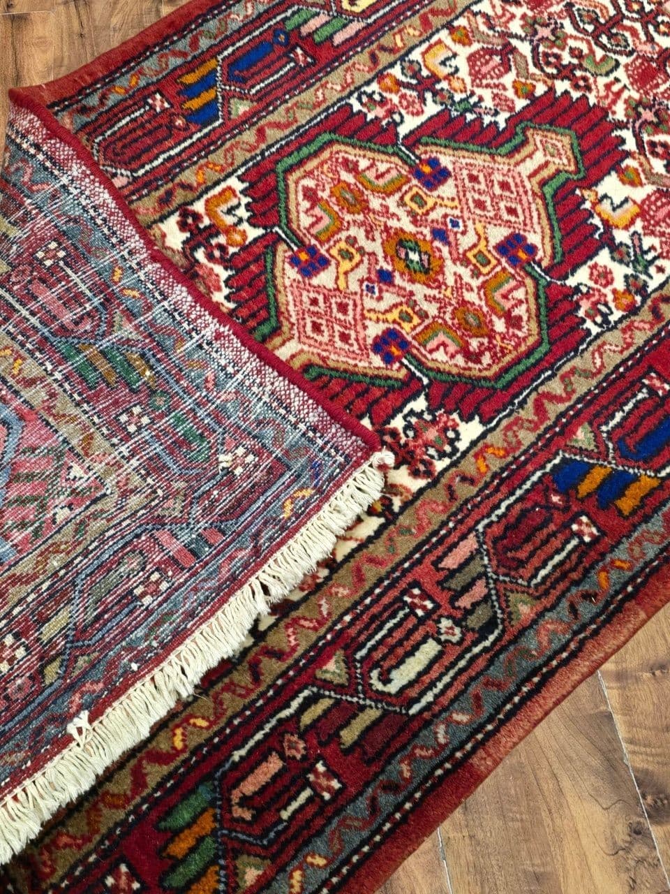 Chodnik Hamadan 300x78 cm, czerwony kremowy niebieski zielony żółty brązowy, wełna, Iran, lata 60. - 396057