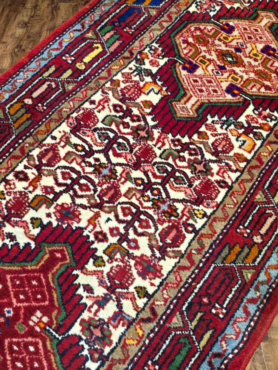 Chodnik Hamadan 300x78 cm, czerwony kremowy niebieski zielony żółty brązowy, wełna, Iran, lata 60. - 396054