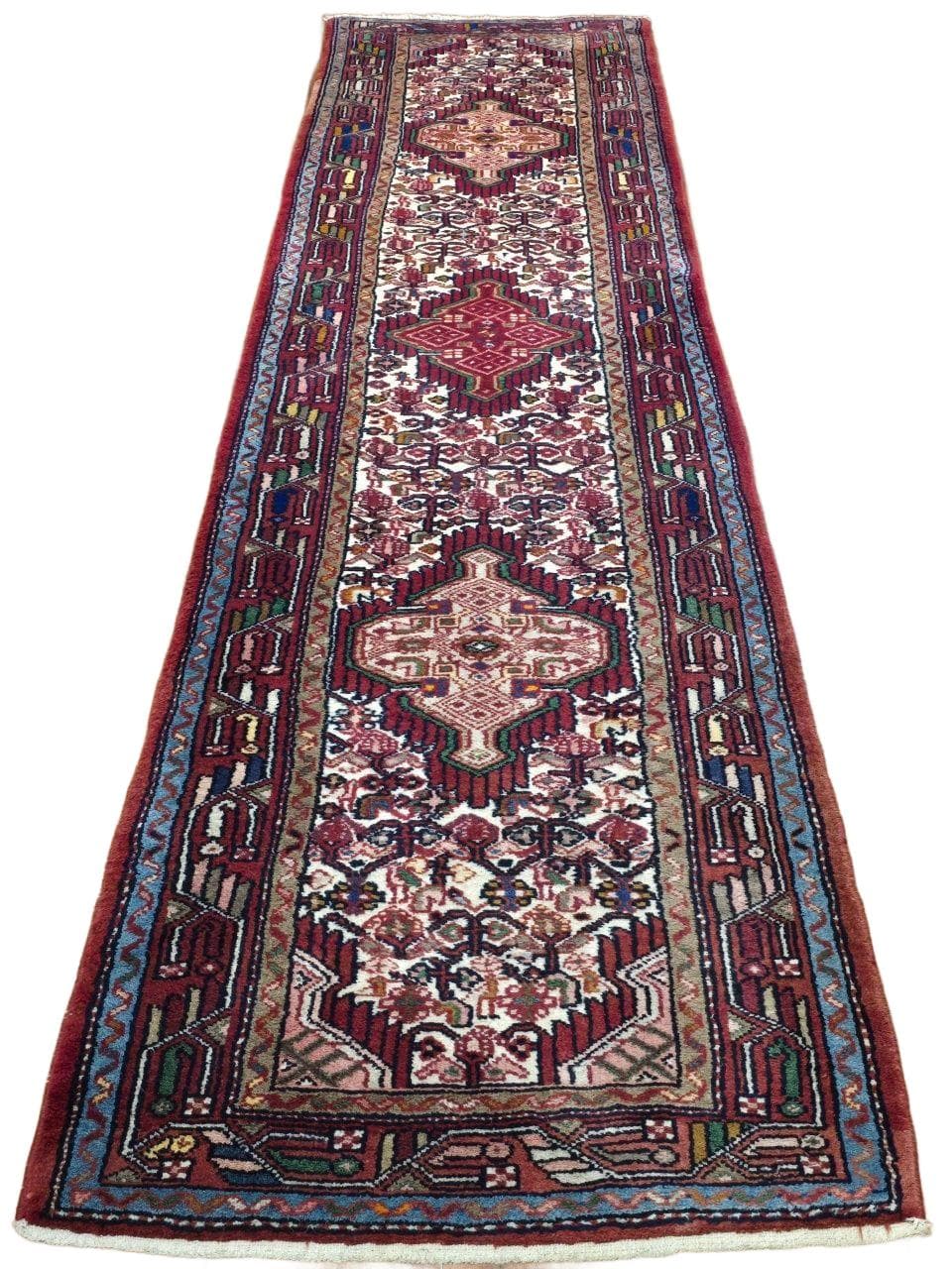 Chodnik Hamadan 300x78 cm, czerwony kremowy niebieski zielony żółty brązowy, wełna, Iran, lata 60.