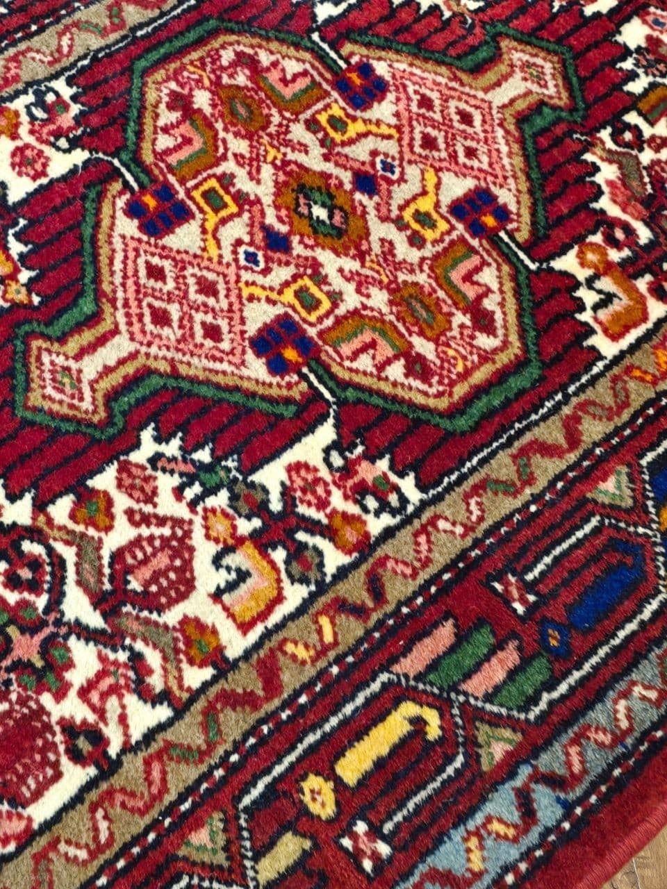 Chodnik Hamadan 300x78 cm, czerwony kremowy niebieski zielony żółty brązowy, wełna, Iran, lata 60. - 396056