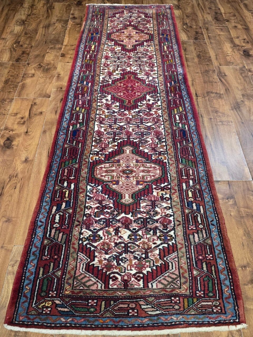 Chodnik Hamadan 300x78 cm, czerwony kremowy niebieski zielony żółty brązowy, wełna, Iran, lata 60. - 396059