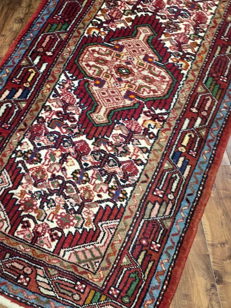 Chodnik Hamadan 300x78 cm, czerwony kremowy niebieski zielony żółty brązowy, wełna, Iran, lata 60. - 396053