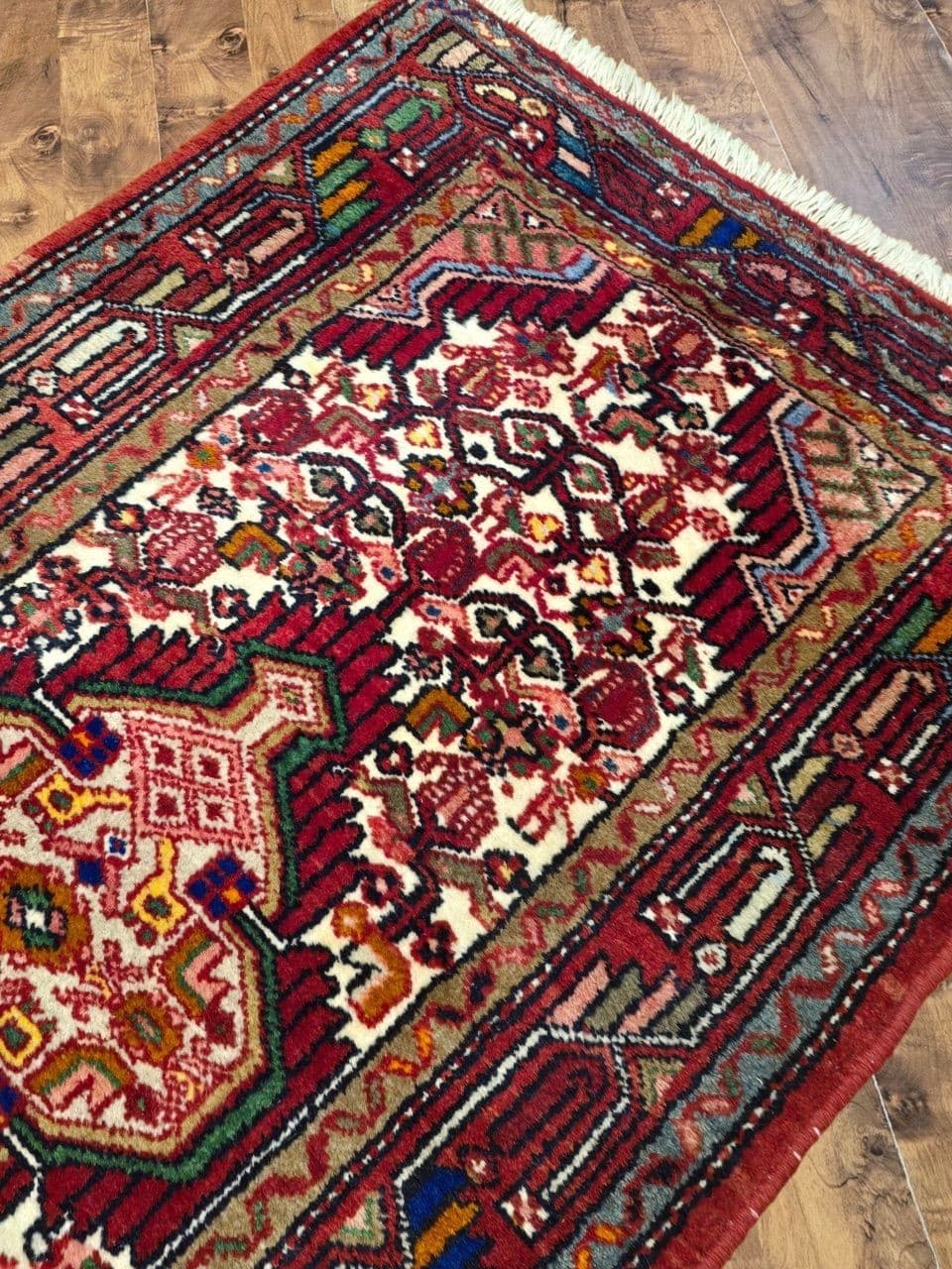 Chodnik Hamadan 300x78 cm, czerwony kremowy niebieski zielony żółty brązowy, wełna, Iran, lata 60. - 396055