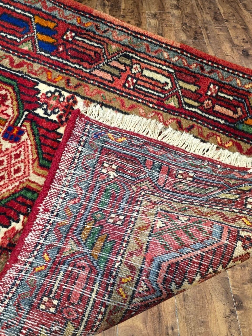 Chodnik Hamadan 300x78 cm, czerwony kremowy niebieski zielony żółty brązowy, wełna, Iran, lata 60. - 396058