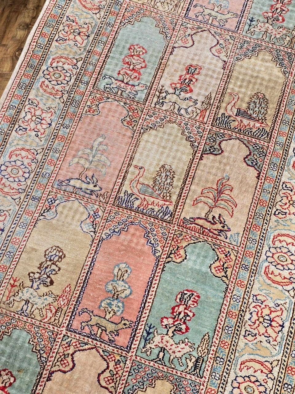 Rug Kayserie 58x158 cm, pink beige blue, silk, Turkey, 1960s. - 396081