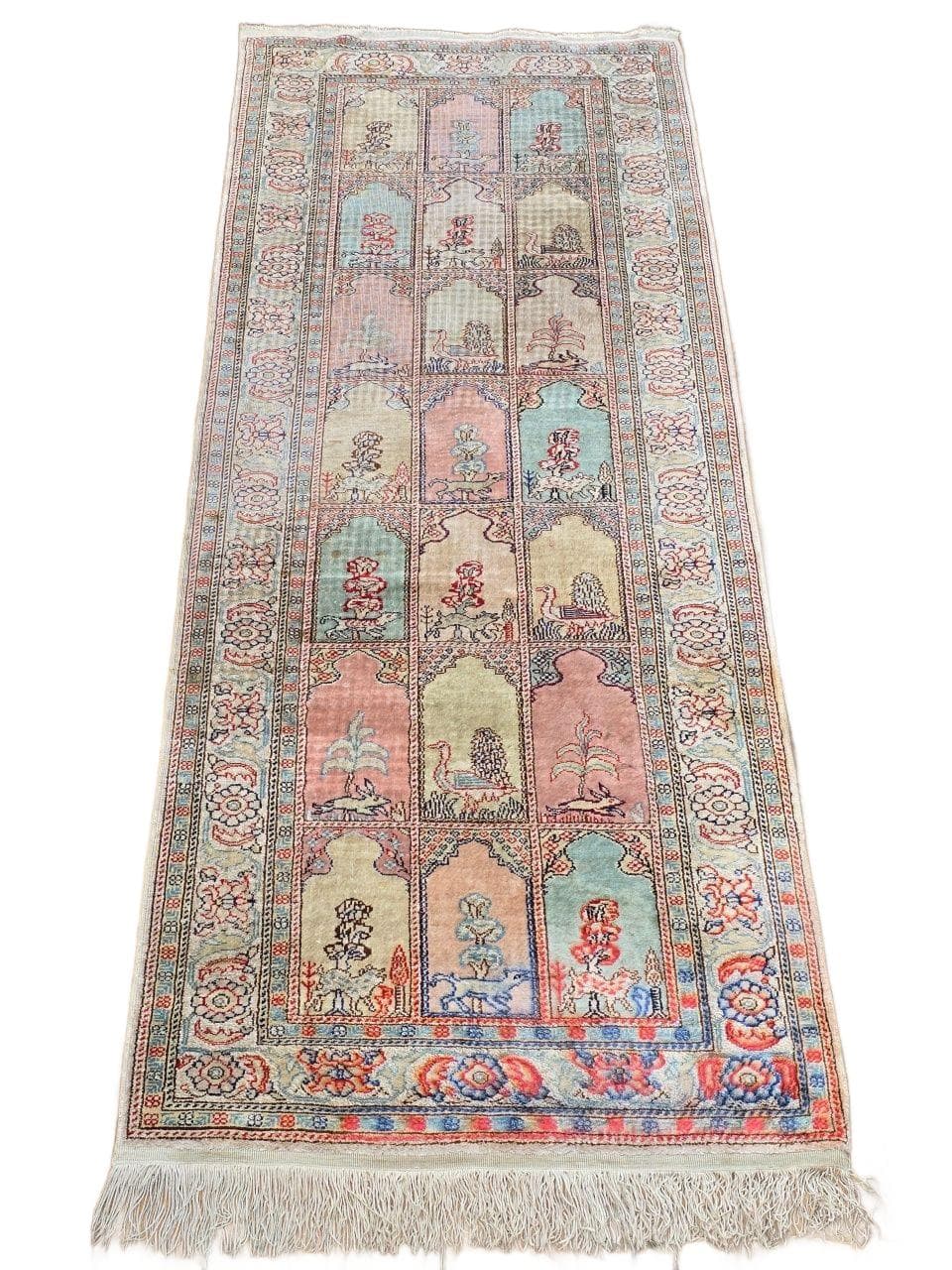 Rug Kayserie 58x158 cm, pink beige blue, silk, Turkey, 1960s.