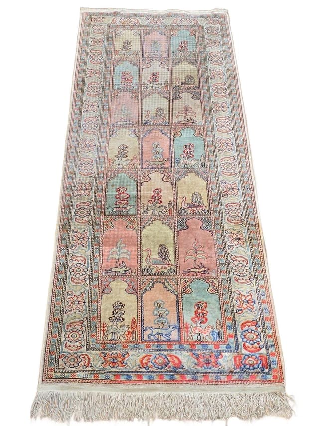 Rug Kayserie 58x158 cm, pink beige blue, silk, Turkey, 1960s. - DIMENSION