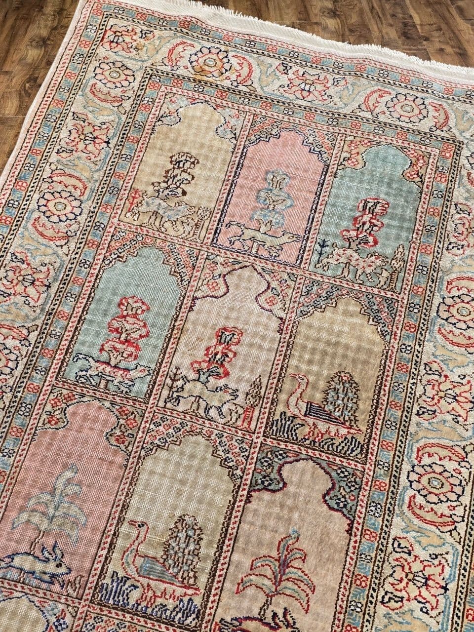 Rug Kayserie 58x158 cm, pink beige blue, silk, Turkey, 1960s. - 396079
