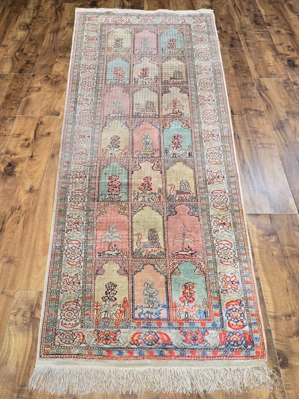 Rug Kayserie 58x158 cm, pink beige blue, silk, Turkey, 1960s. - 396086