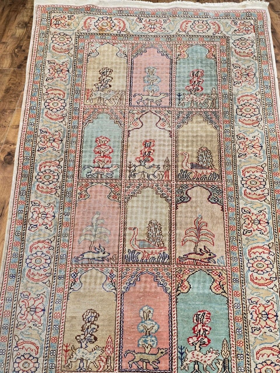 Rug Kayserie 58x158 cm, pink beige blue, silk, Turkey, 1960s. - 396080
