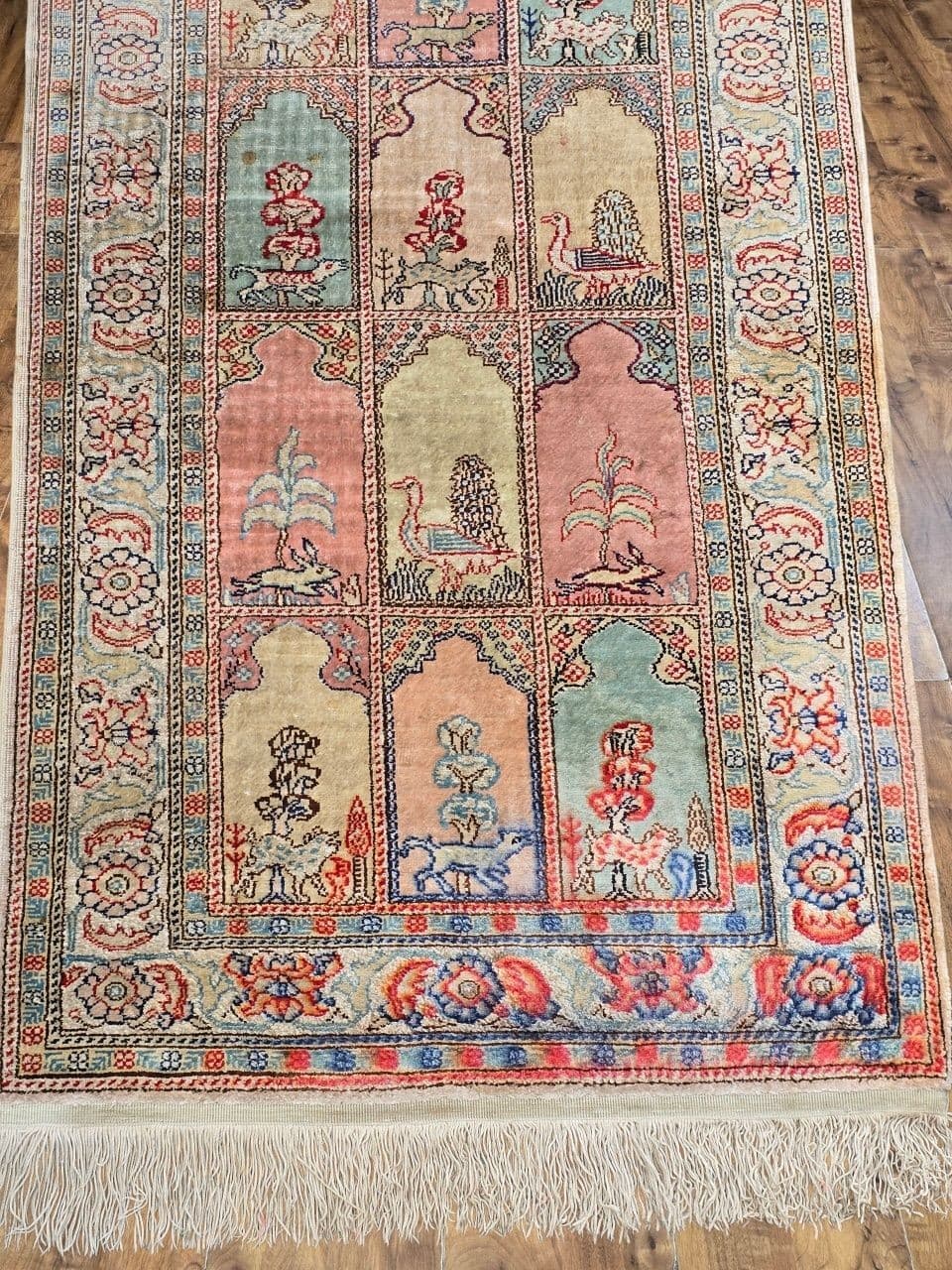 Rug Kayserie 58x158 cm, pink beige blue, silk, Turkey, 1960s. - 396082