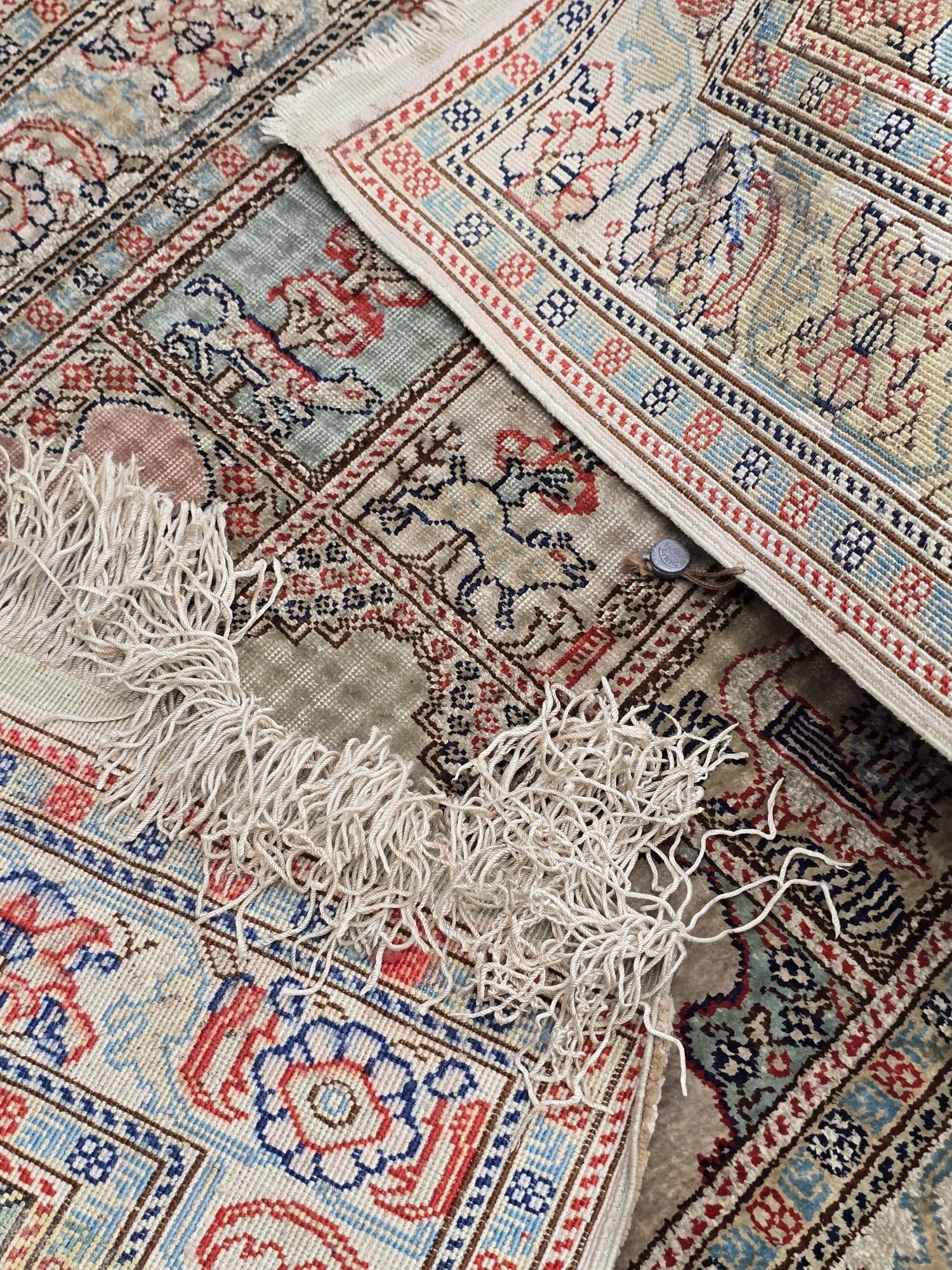 Rug Kayserie 58x158 cm, pink beige blue, silk, Turkey, 1960s. - 396083