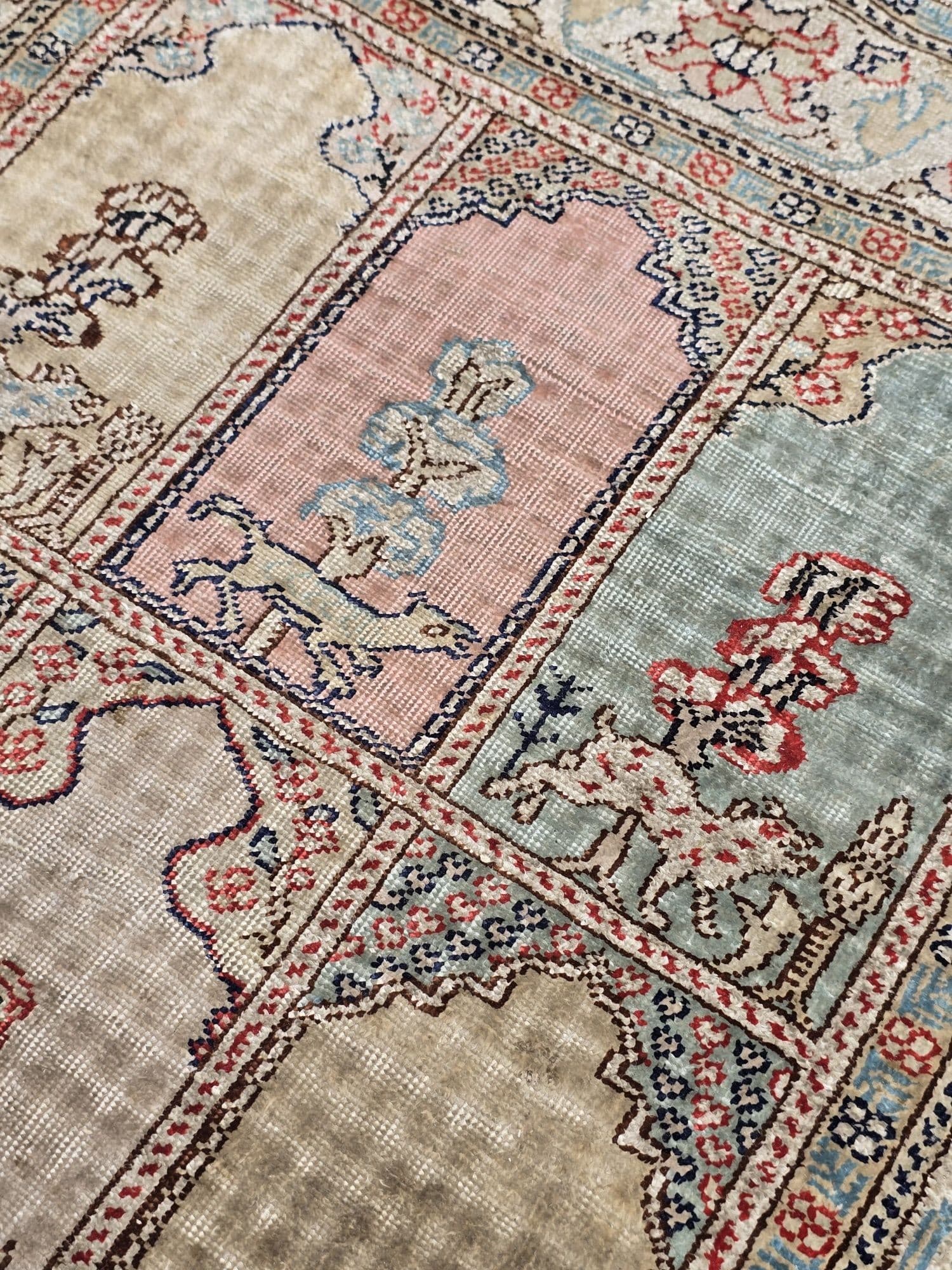 Rug Kayserie 58x158 cm, pink beige blue, silk, Turkey, 1960s. - 396085