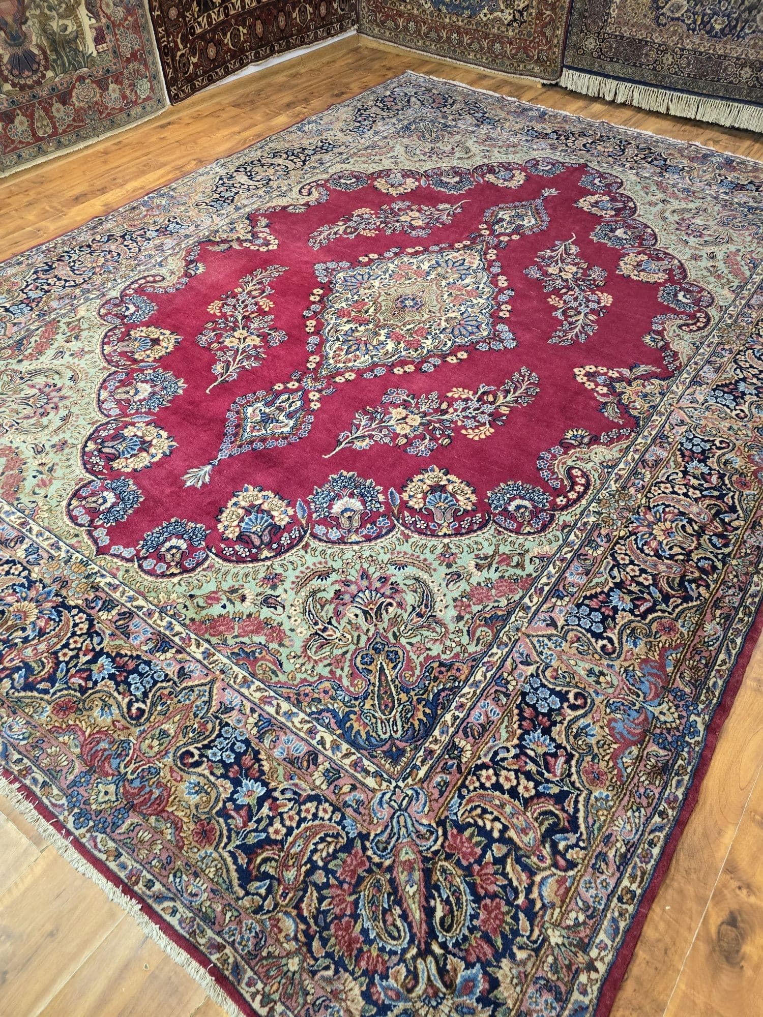 Dywan Kerman 360x265 cm, czerwony niebieski, wełna bawełna, Iran, początek XX w. - 396116