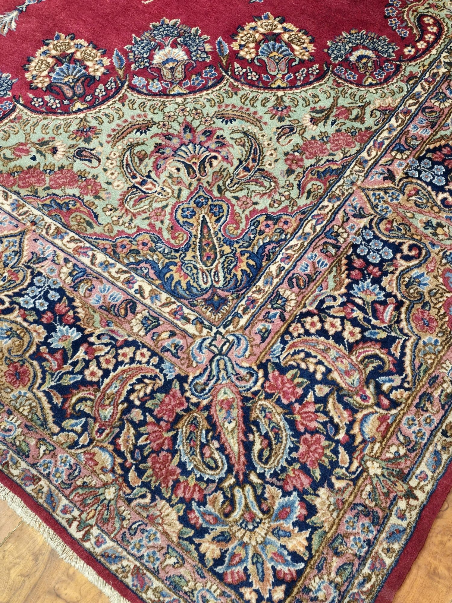 Dywan Kerman 360x265 cm, czerwony niebieski, wełna bawełna, Iran, początek XX w. - 396118