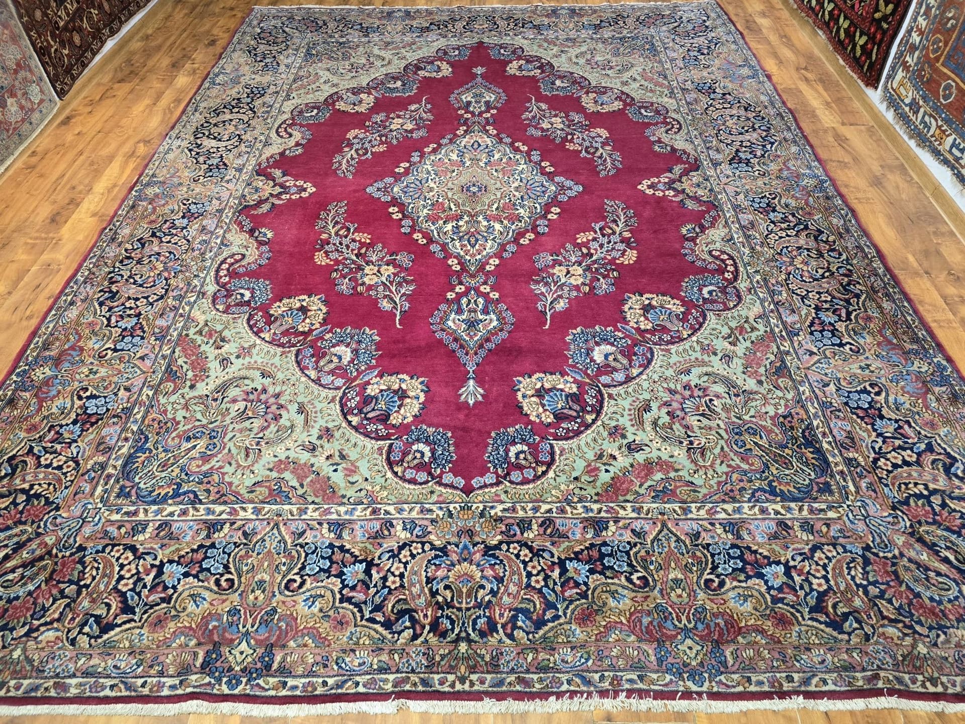 Dywan Kerman 360x265 cm, czerwony niebieski, wełna bawełna, Iran, początek XX w. - 396123