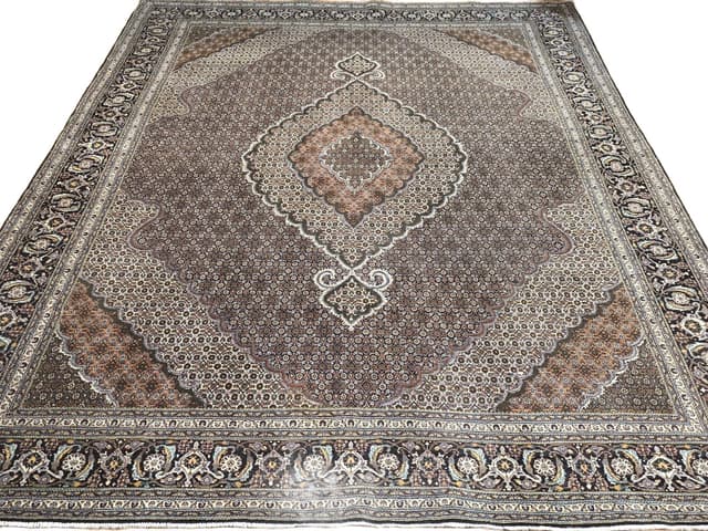 Dywan Tabriz Mahi 250x350 cm, brązowy beżowy szary niebieski złoty, wełna jedwab, Iran, początek XX w. - WYMIARY