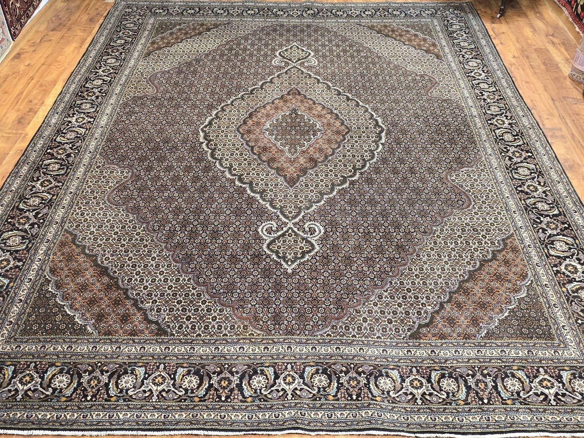 Dywan Tabriz Mahi 250x350 cm, brązowy beżowy szary niebieski złoty, wełna jedwab, Iran, początek XX w. - 396150