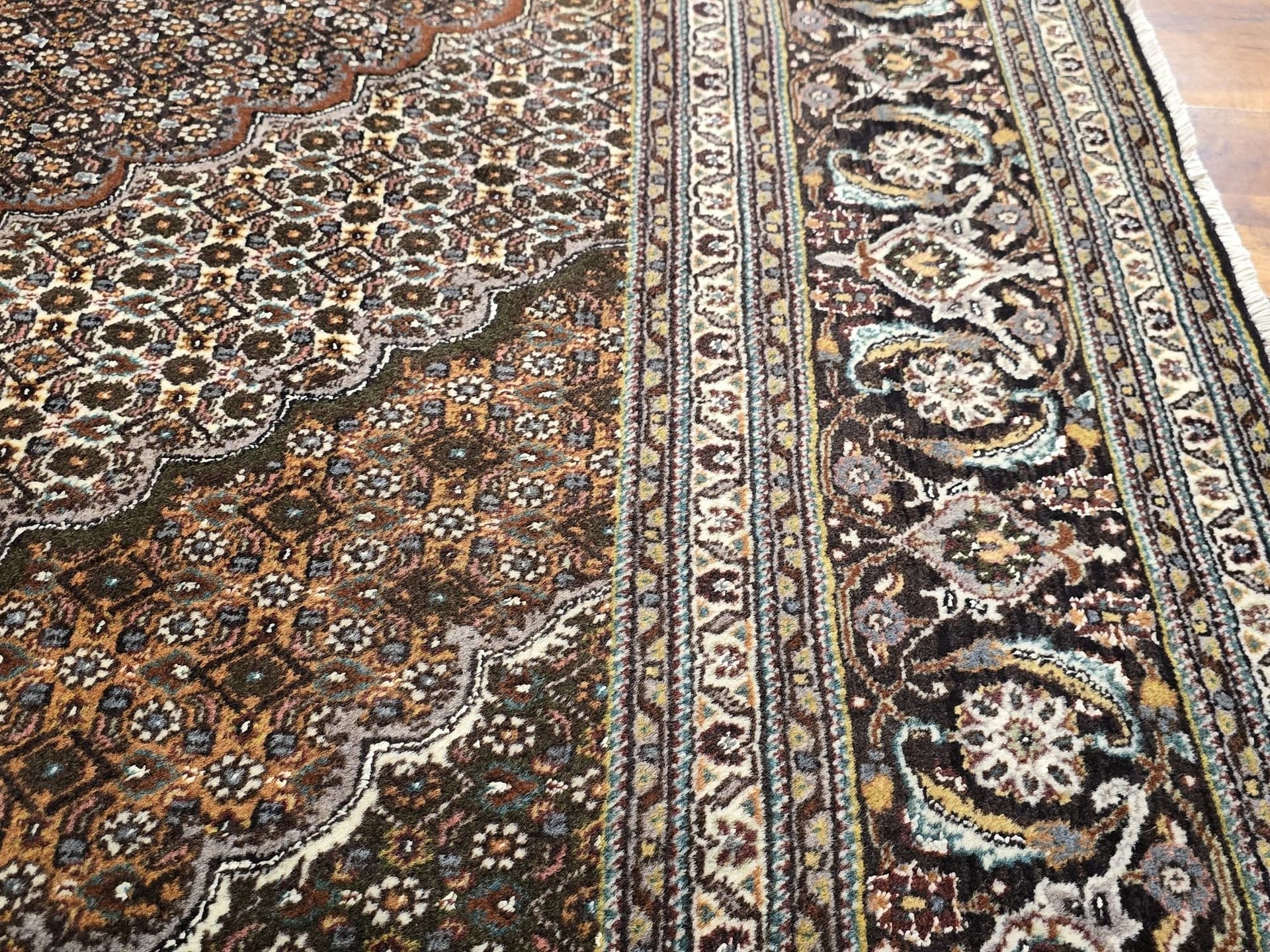 Dywan Tabriz Mahi 250x350 cm, brązowy beżowy szary niebieski złoty, wełna jedwab, Iran, początek XX w. - 396147