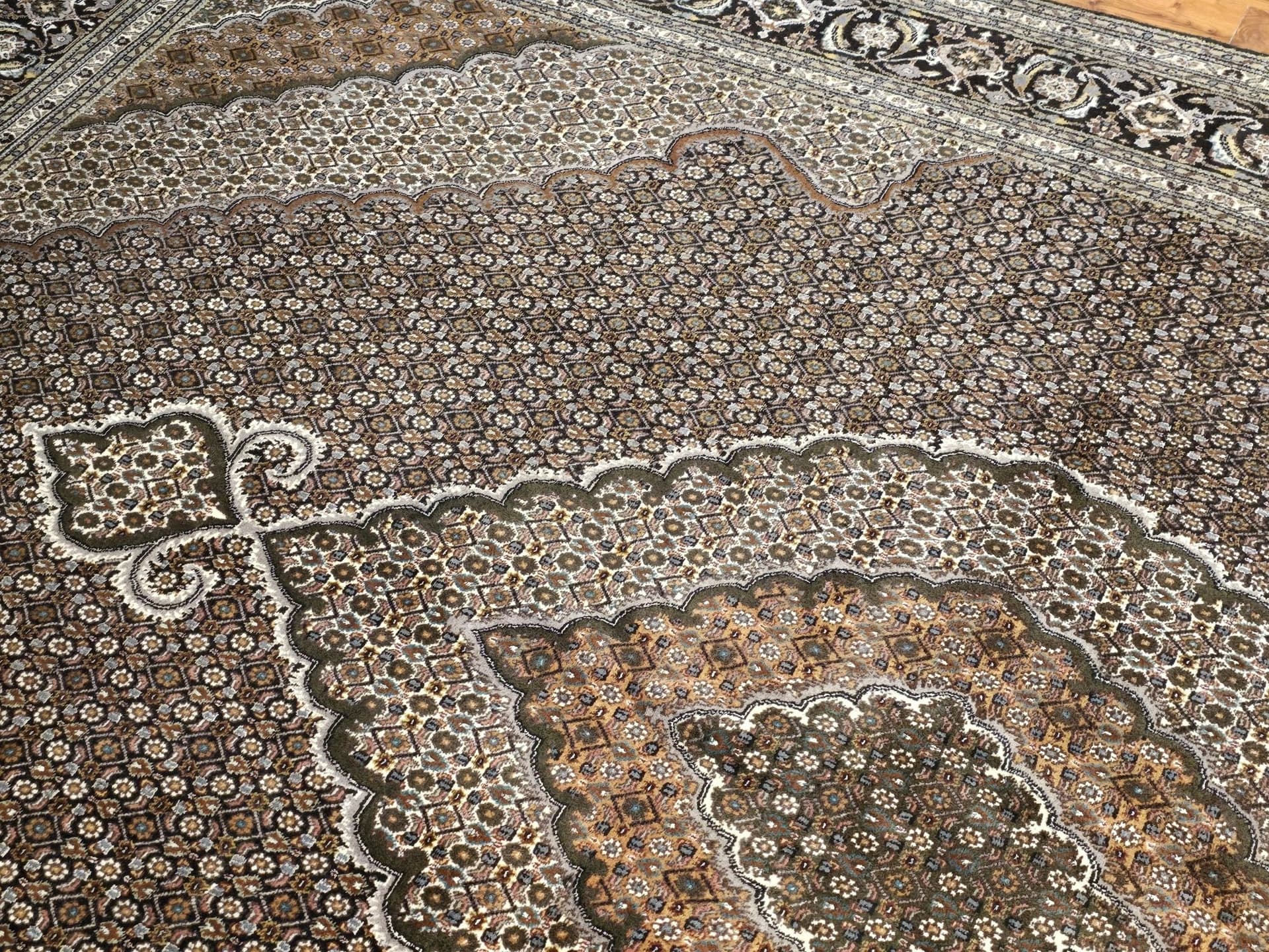Dywan Tabriz Mahi 250x350 cm, brązowy beżowy szary niebieski złoty, wełna jedwab, Iran, początek XX w. - 396145