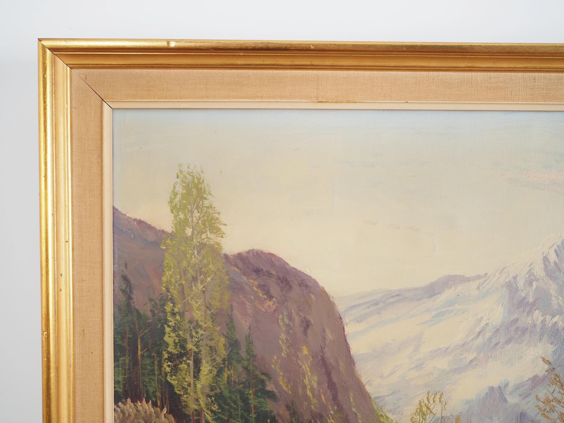 Painting Shelter by the Mountain Stream, cool blue, oil on canvas, Scandinavia, 1970s - 29252