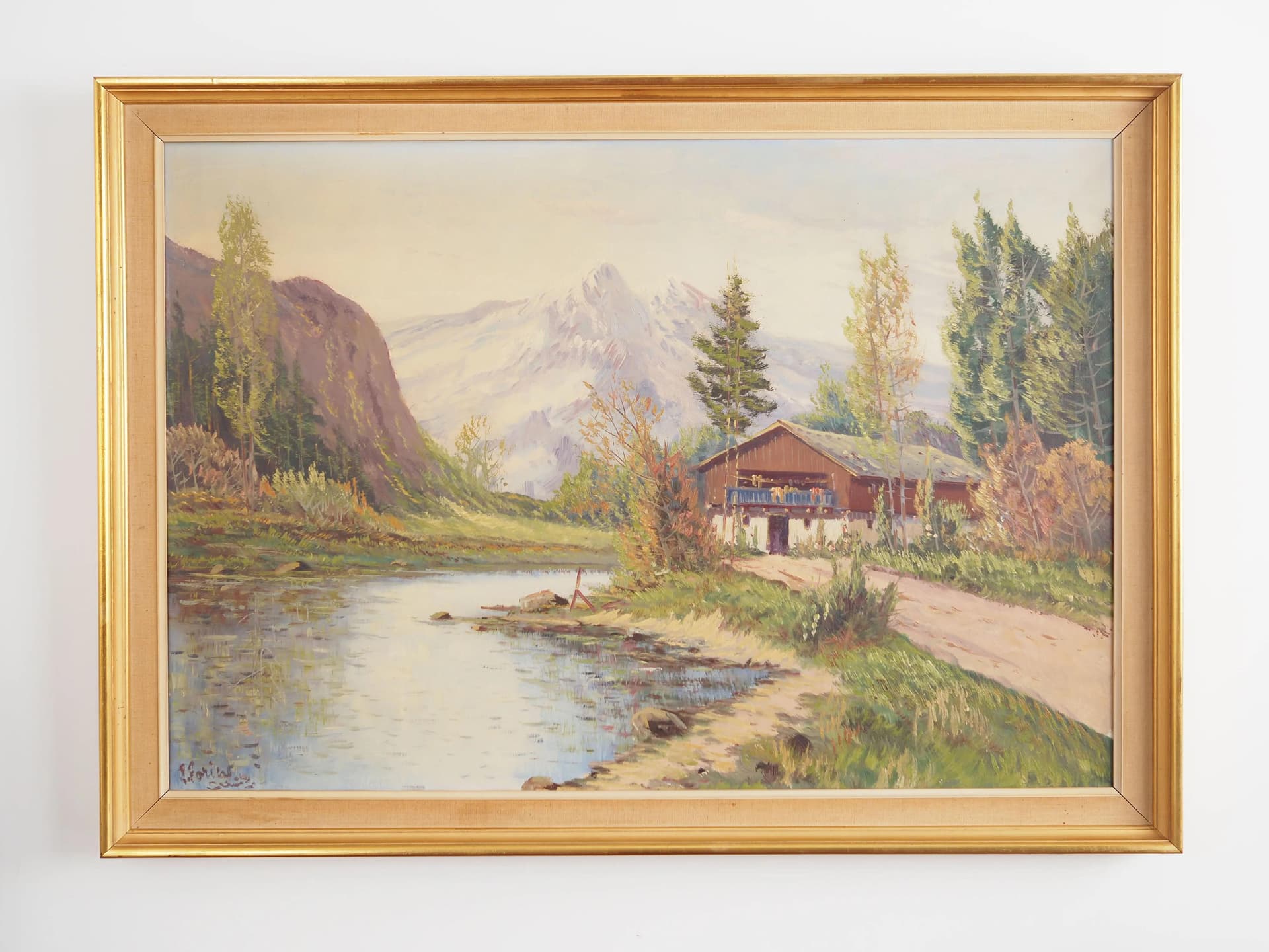 Painting Shelter by the Mountain Stream, cool blue, oil on canvas, Scandinavia, 1970s - 29249