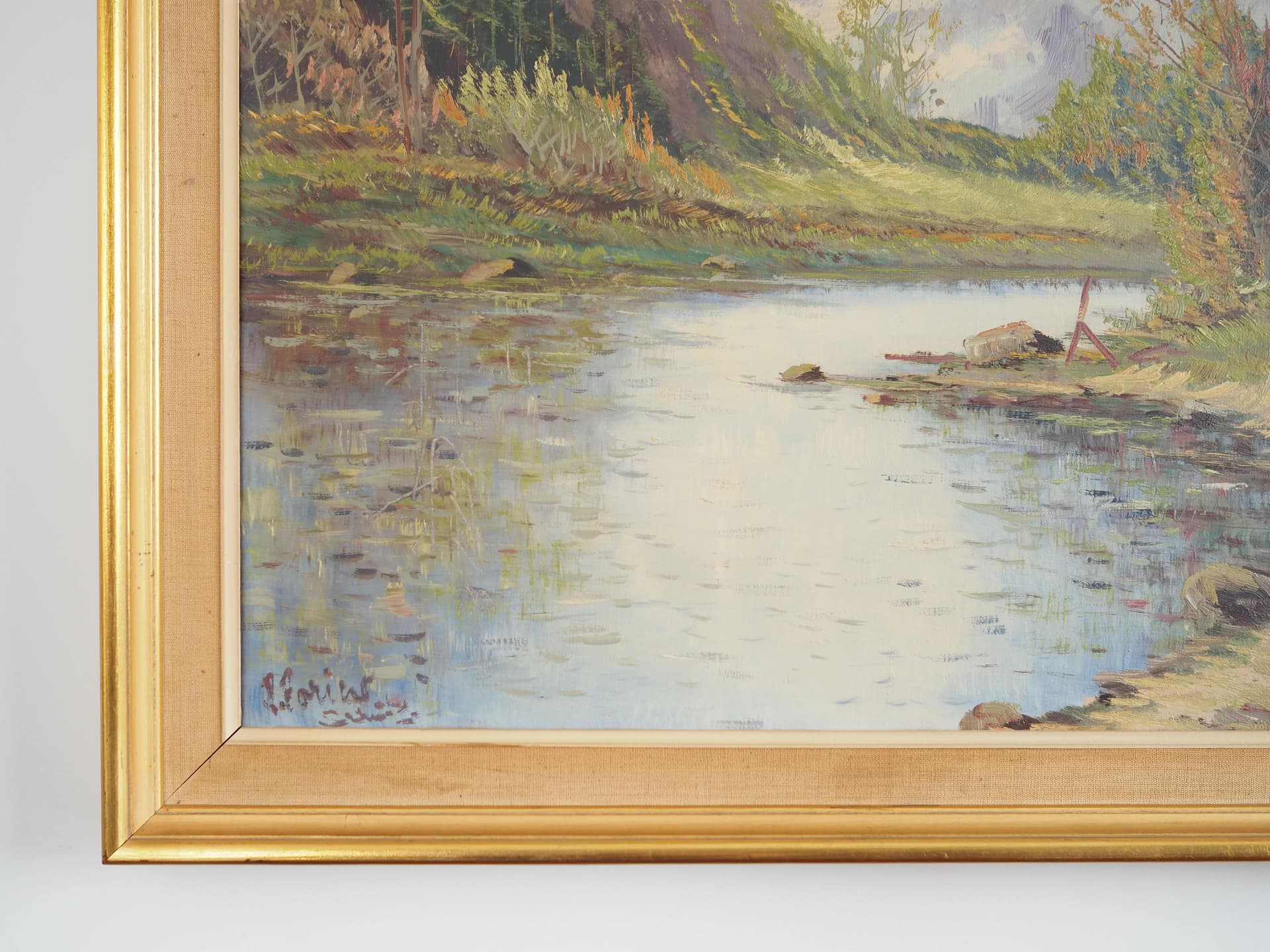 Painting Shelter by the Mountain Stream, cool blue, oil on canvas, Scandinavia, 1970s - 29254