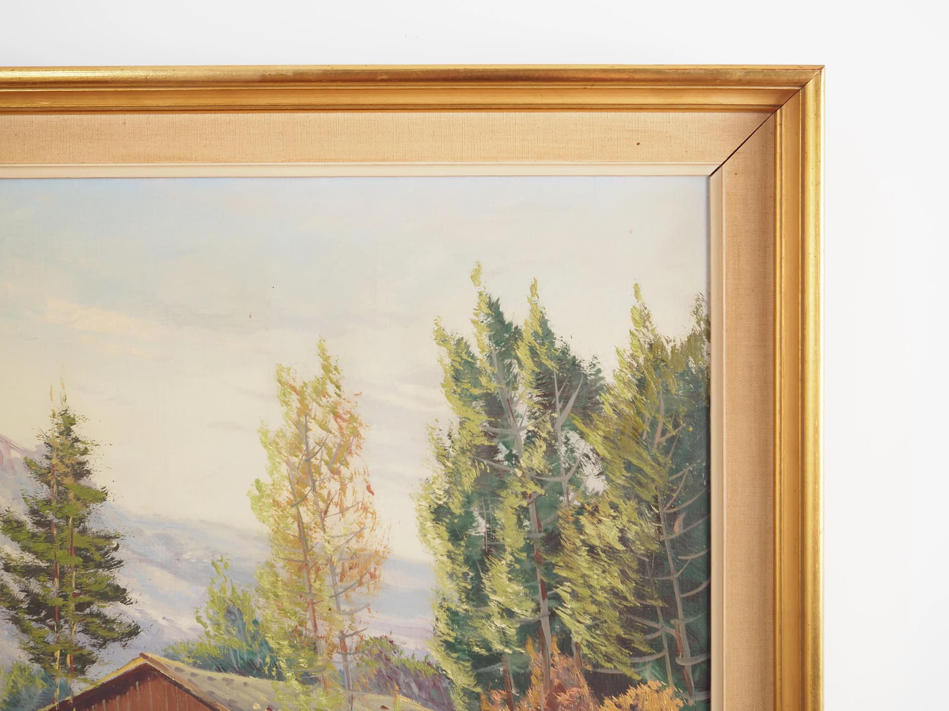 Painting Shelter by the Mountain Stream, cool blue, oil on canvas, Scandinavia, 1970s - 29251