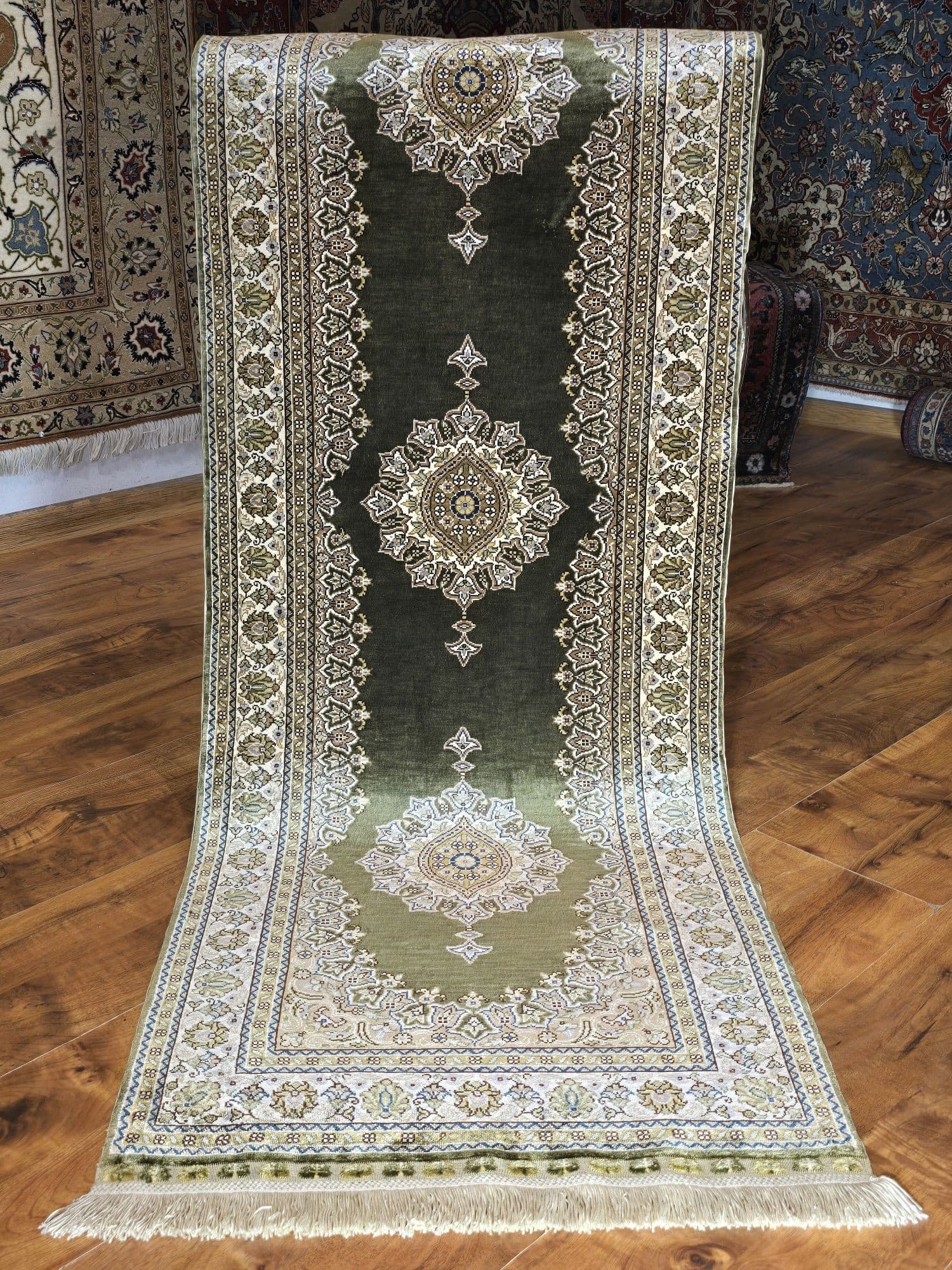 Chodnik Kayseri, zielony złoty, jedwab, Turcja - 396214