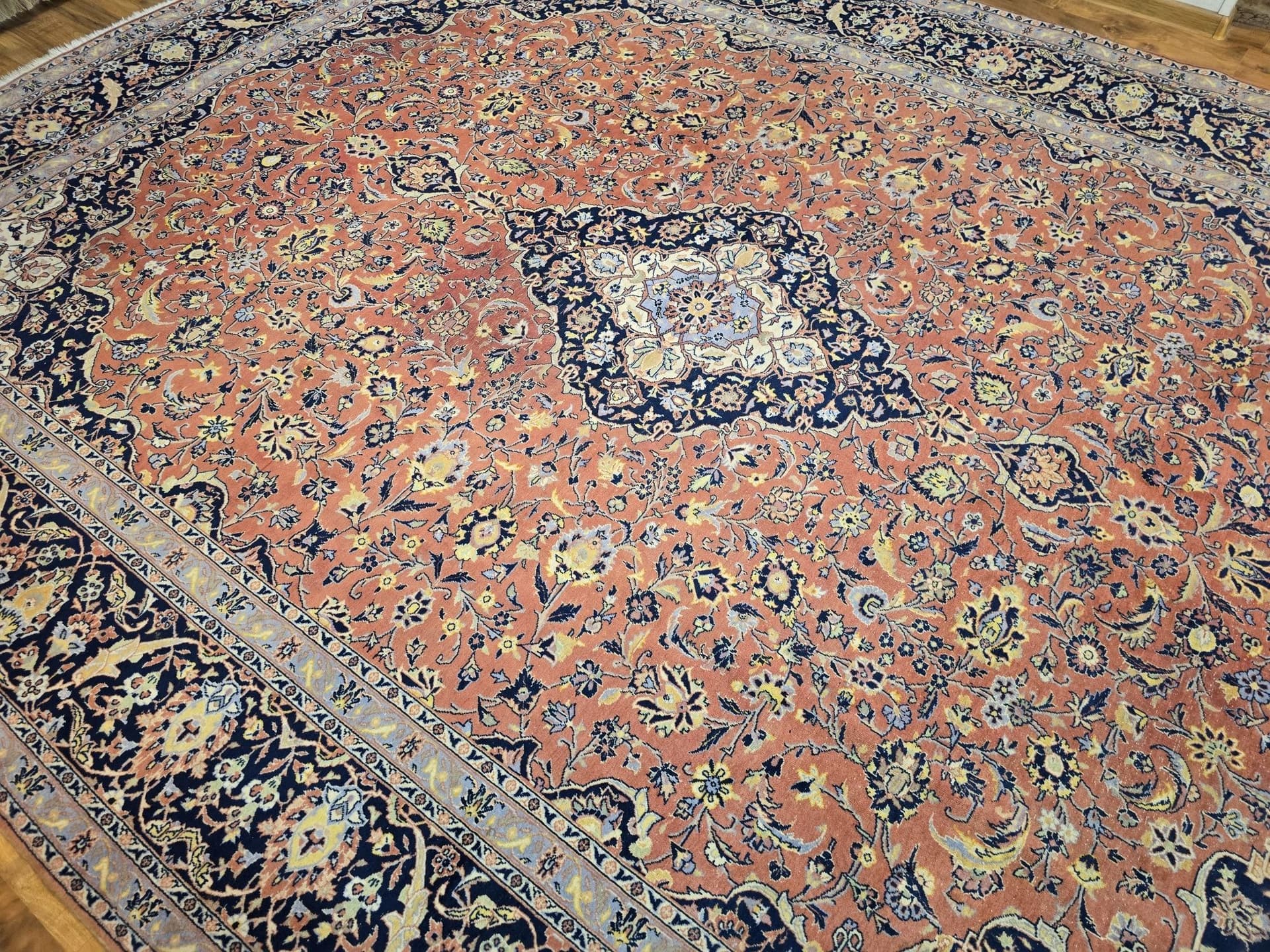 Dywan Keshan 288x383 cm, czerwony granatowy, wełna bawełna, Iran, lata 50. - 396225