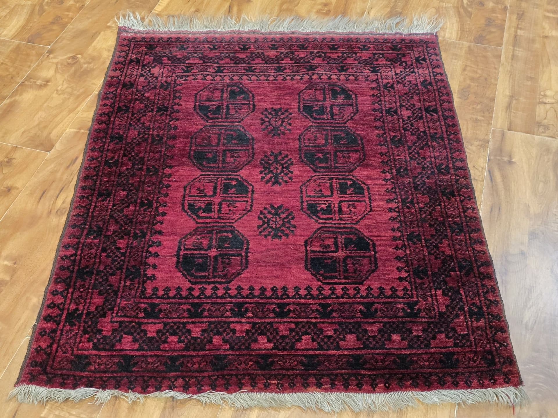 Dywan Afgan, 88x108 cm, wełna czerwona czarna niebieska, Afganistan - 396311