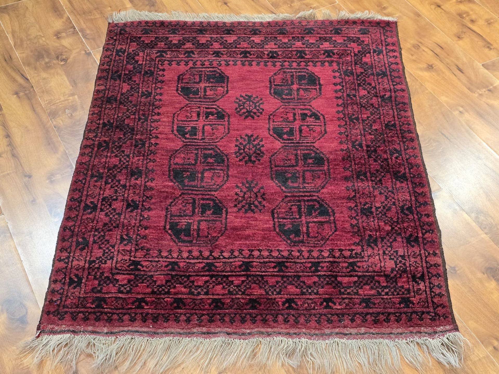 Dywan Afgan, 88x108 cm, wełna czerwona czarna niebieska, Afganistan - 396307