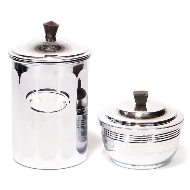 Set of kitchen containers Art Deco, silver chrome-plated brass, black ebonite, France, 1920s. - DIMENSION