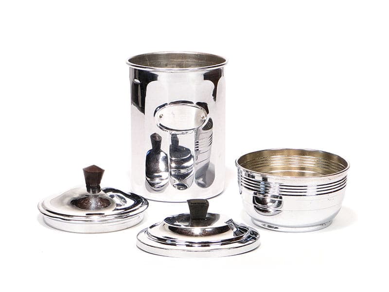 Set of kitchen containers Art Deco, silver chrome-plated brass, black ebonite, France, 1920s. - 396331