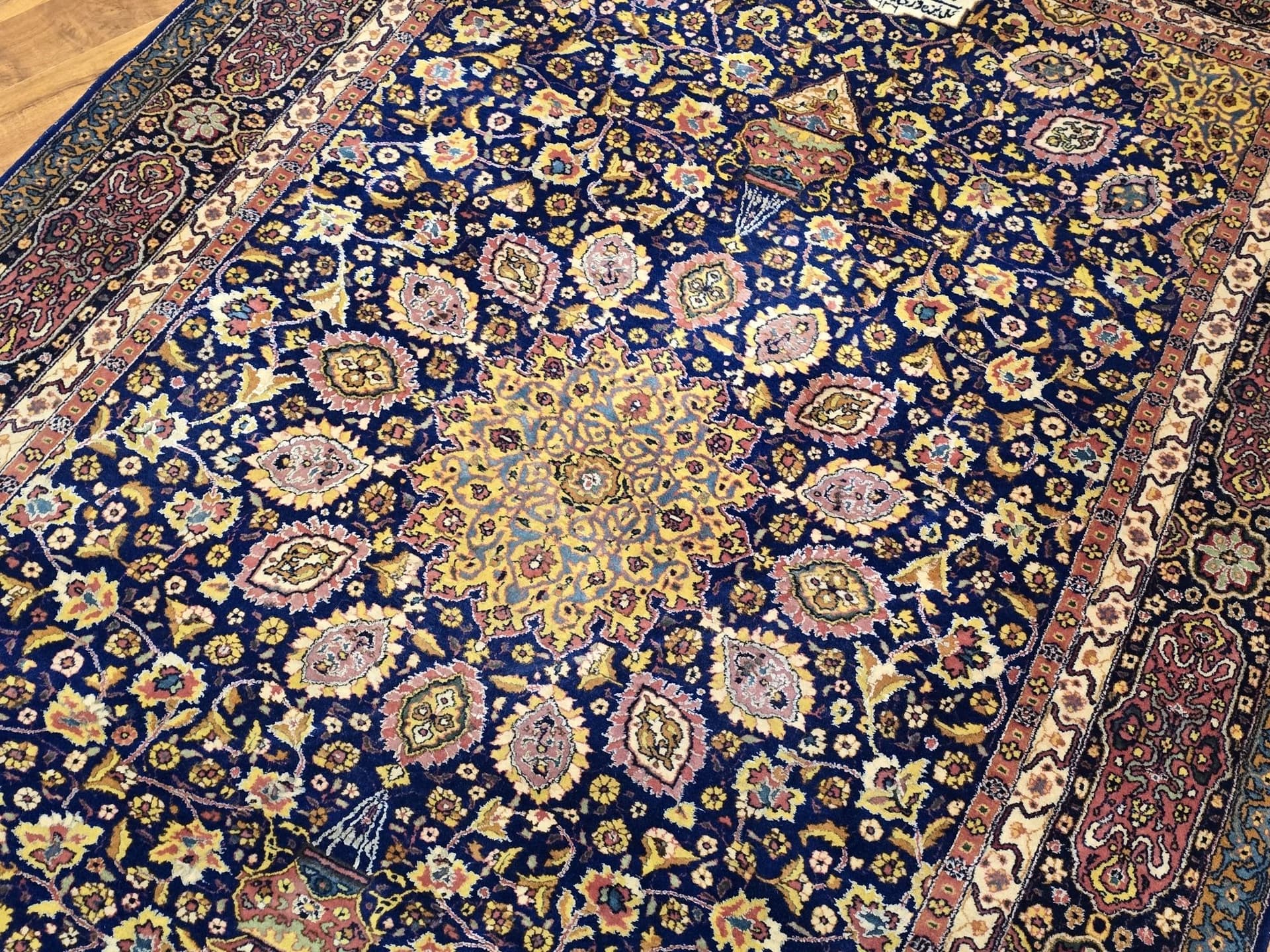 Dywan Ardabil & Hafiz 210x140 cm, niebieski złoty, wełna jedwab, Iran, początek XX w. - 396385