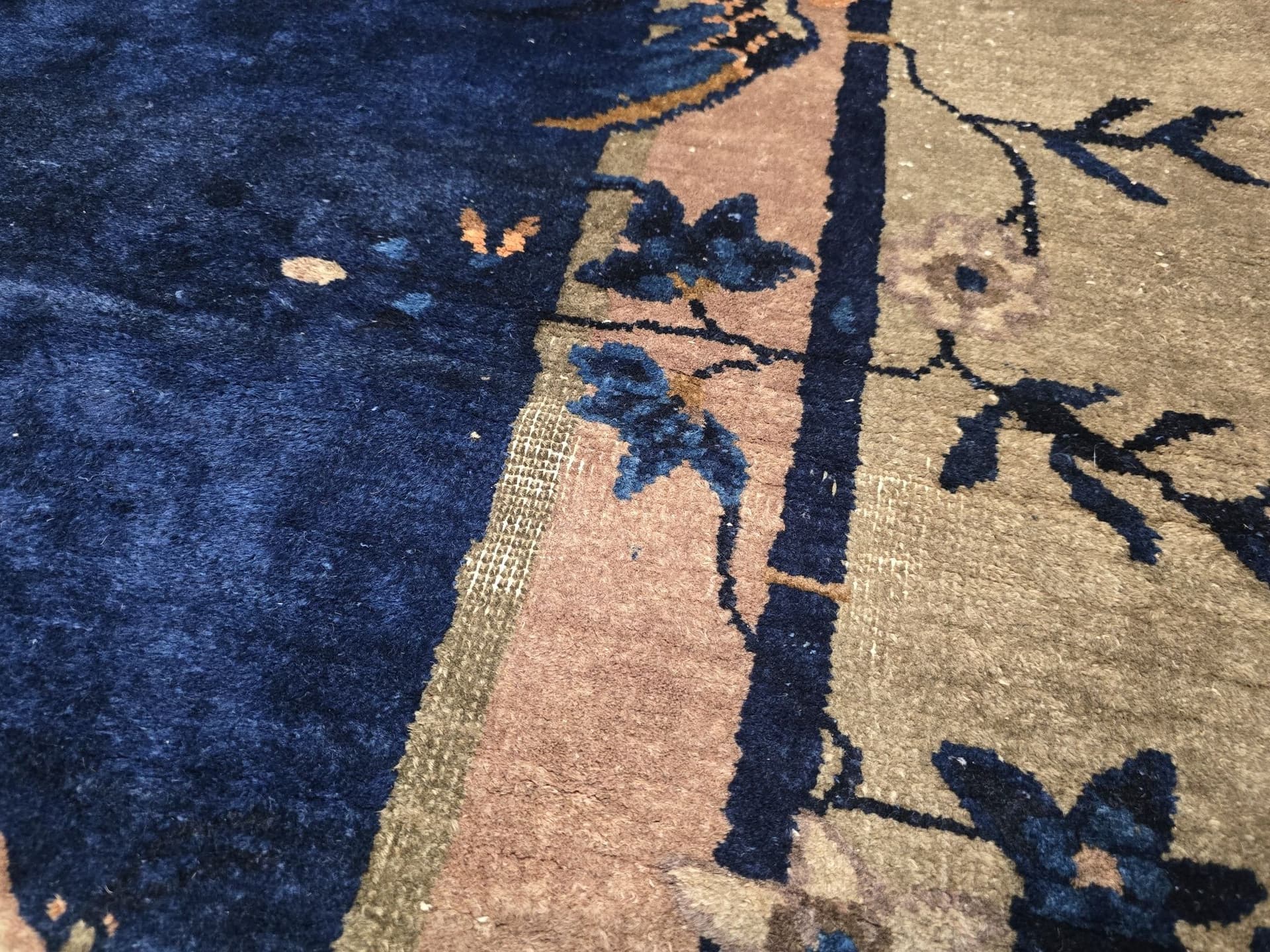 Rug Art Deco, 350x277 cm, blue beige gold pink green, wool cotton, China, 1920s. - 396416