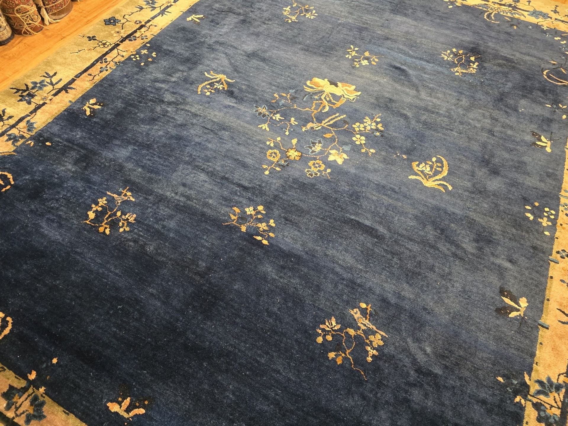 Rug Art Deco, 350x277 cm, blue beige gold pink green, wool cotton, China, 1920s. - 396414