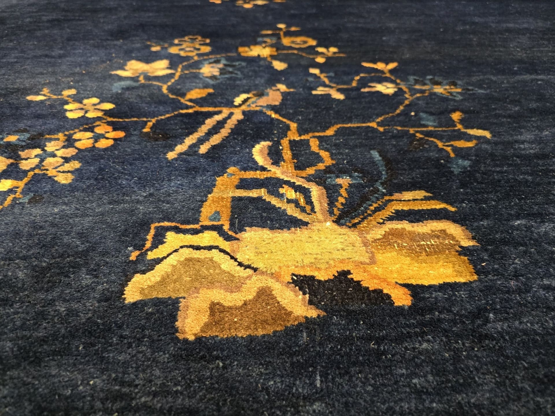 Rug Art Deco, 350x277 cm, blue beige gold pink green, wool cotton, China, 1920s. - 396419