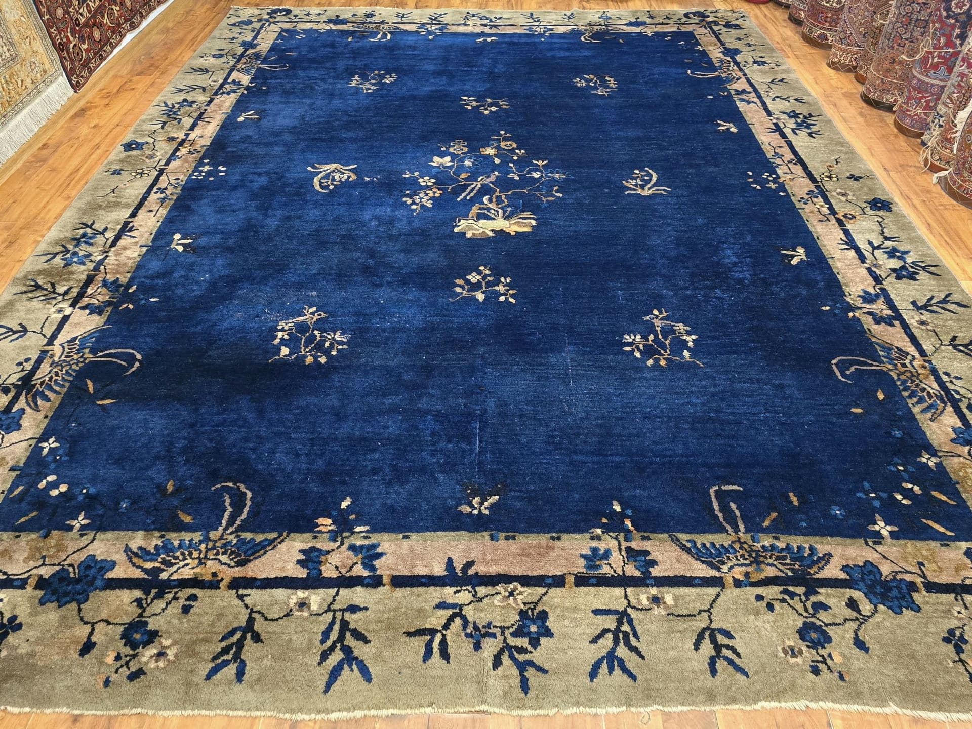 Rug Art Deco, 350x277 cm, blue beige gold pink green, wool cotton, China, 1920s. - 396420