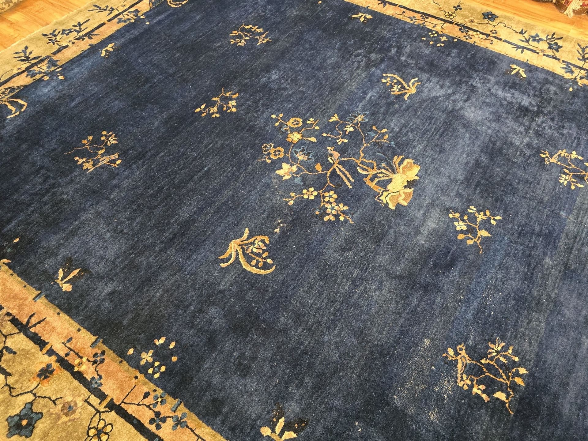 Rug Art Deco, 350x277 cm, blue beige gold pink green, wool cotton, China, 1920s. - 396413