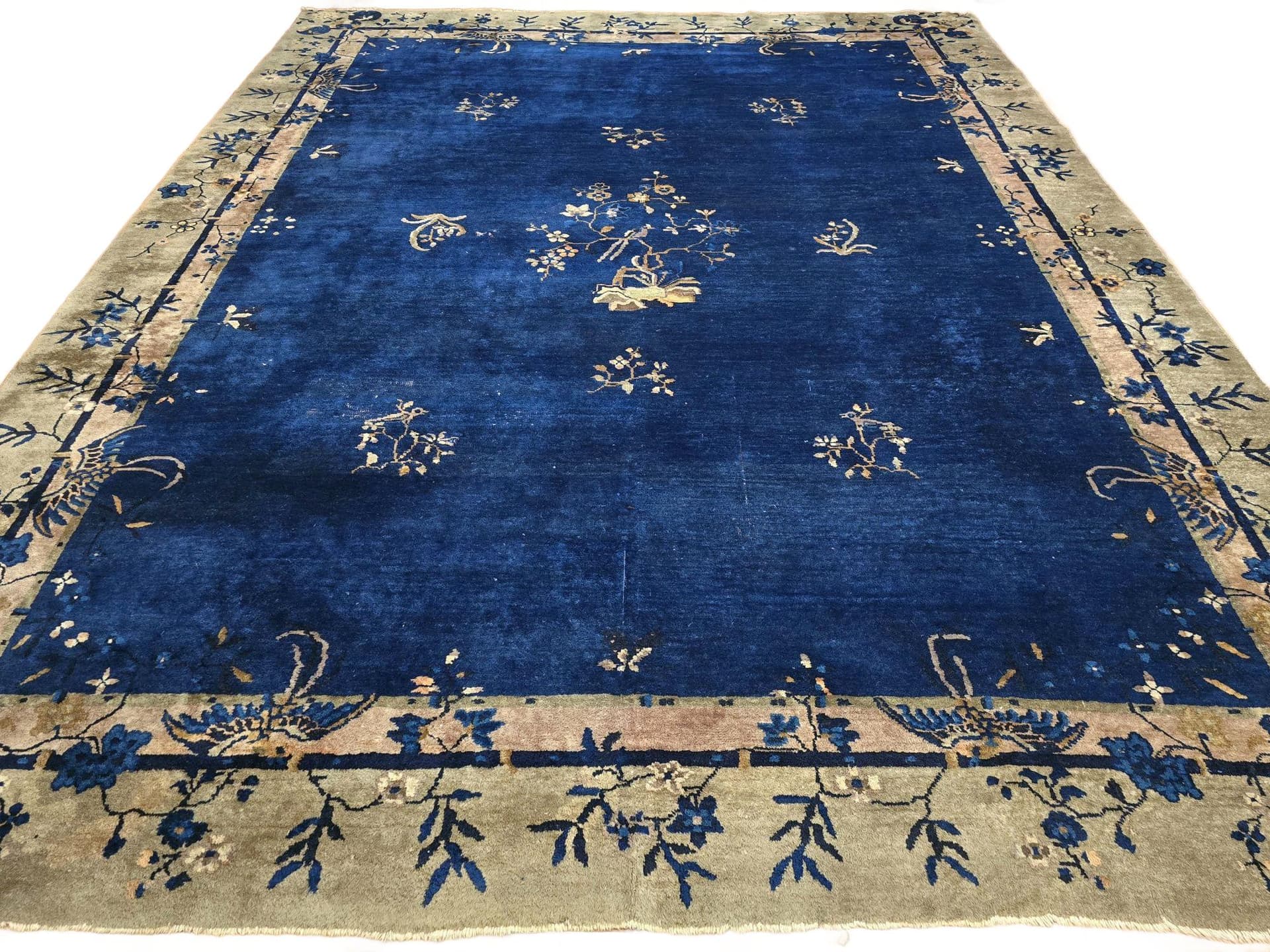 Rug Art Deco, 350x277 cm, blue beige gold pink green, wool cotton, China, 1920s.