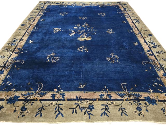 Rug Art Deco, 350x277 cm, blue beige gold pink green, wool cotton, China, 1920s. - DIMENSION