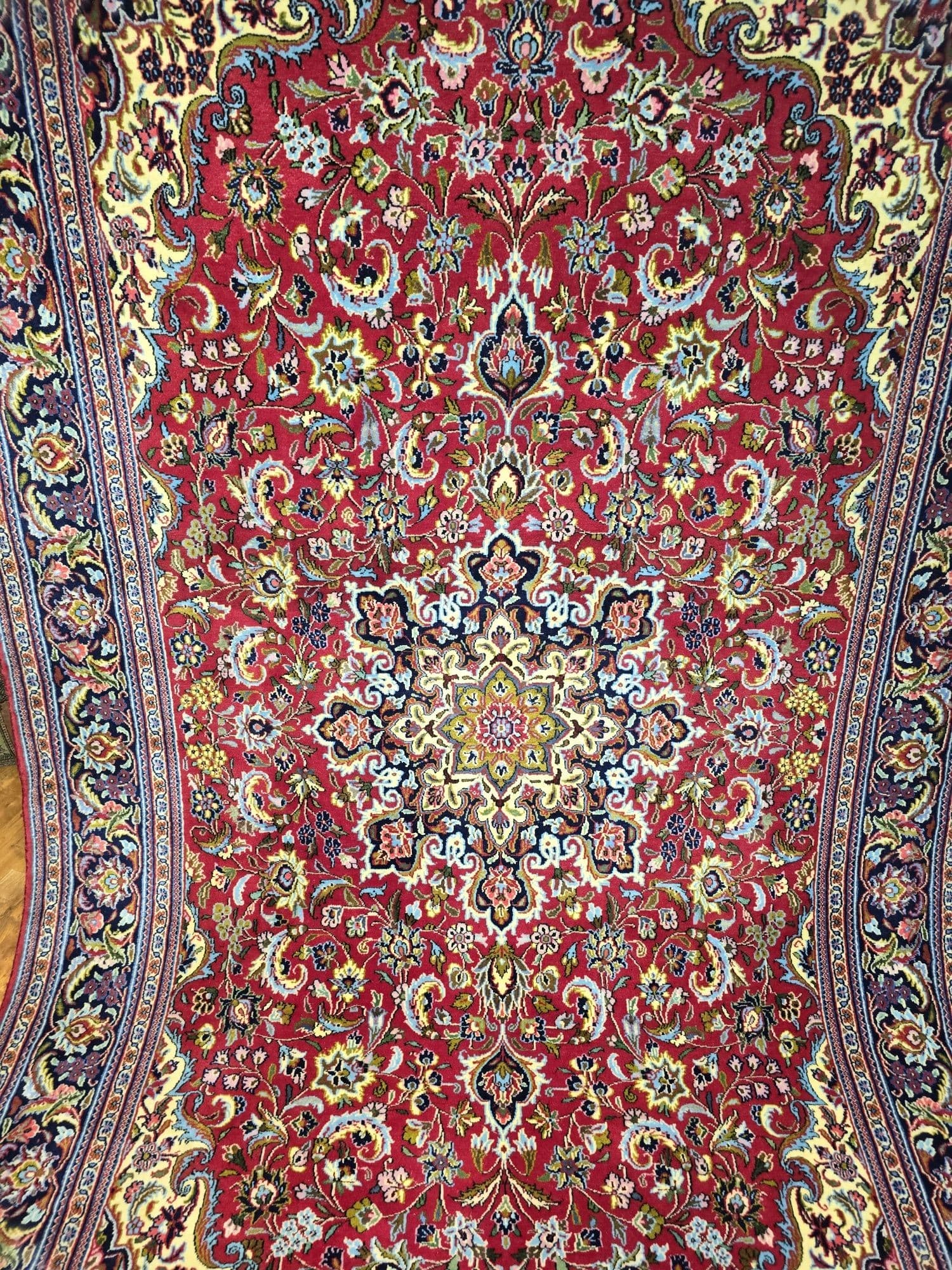 Dywan Qom, 255x155 cm, czerwony, niebieski, biały, złoty, zielony, różowy, beżowy, wełna, Iran - 396563