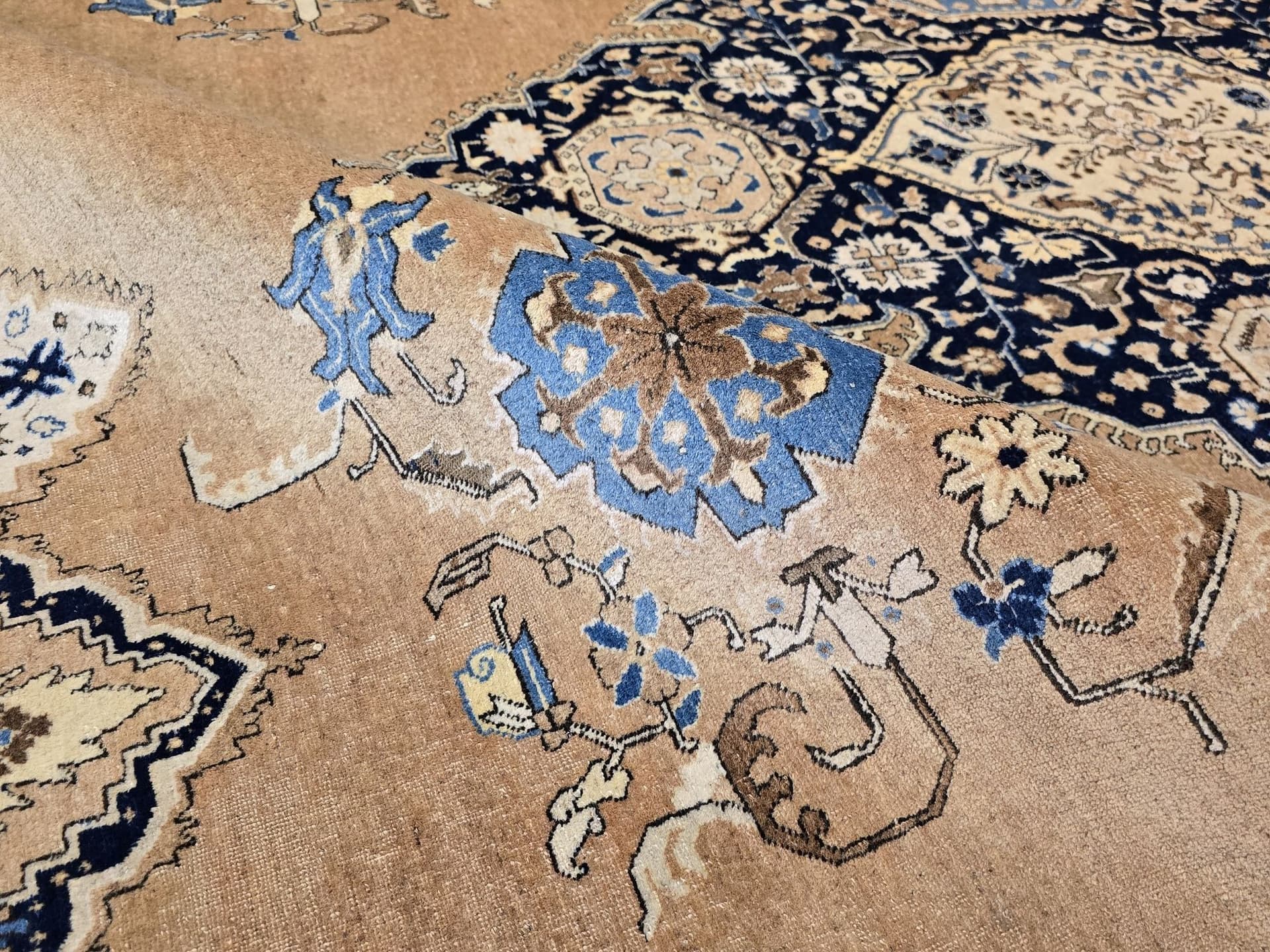 Dywan Tabriz 405x315 cm, brązowy beżowy niebieski złoty, wełna, Iran, lata 30. - 396667