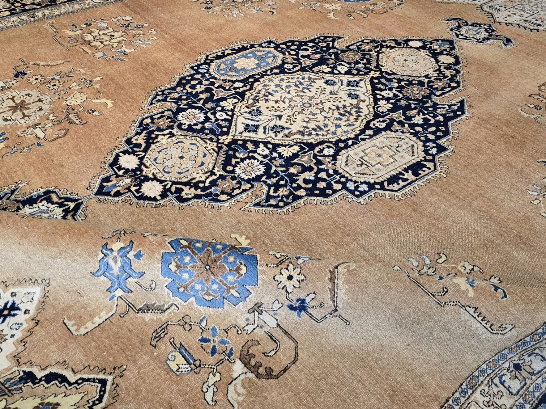 Dywan Tabriz 405x315 cm, brązowy beżowy niebieski złoty, wełna, Iran, lata 30. - 396668