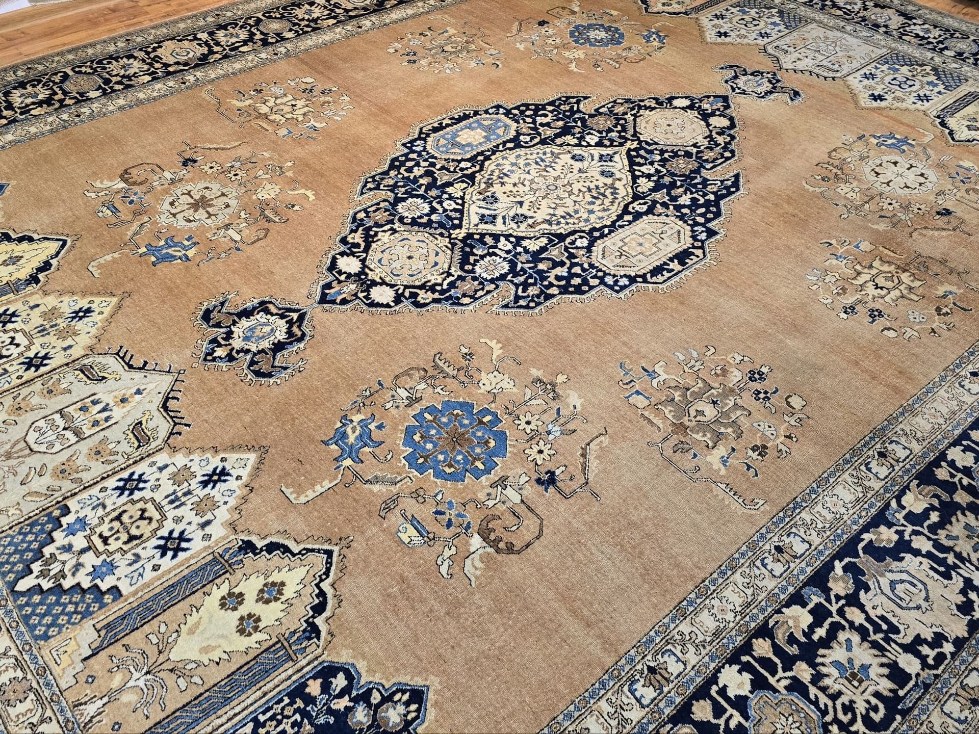 Dywan Tabriz 405x315 cm, brązowy beżowy niebieski złoty, wełna, Iran, lata 30. - 396662