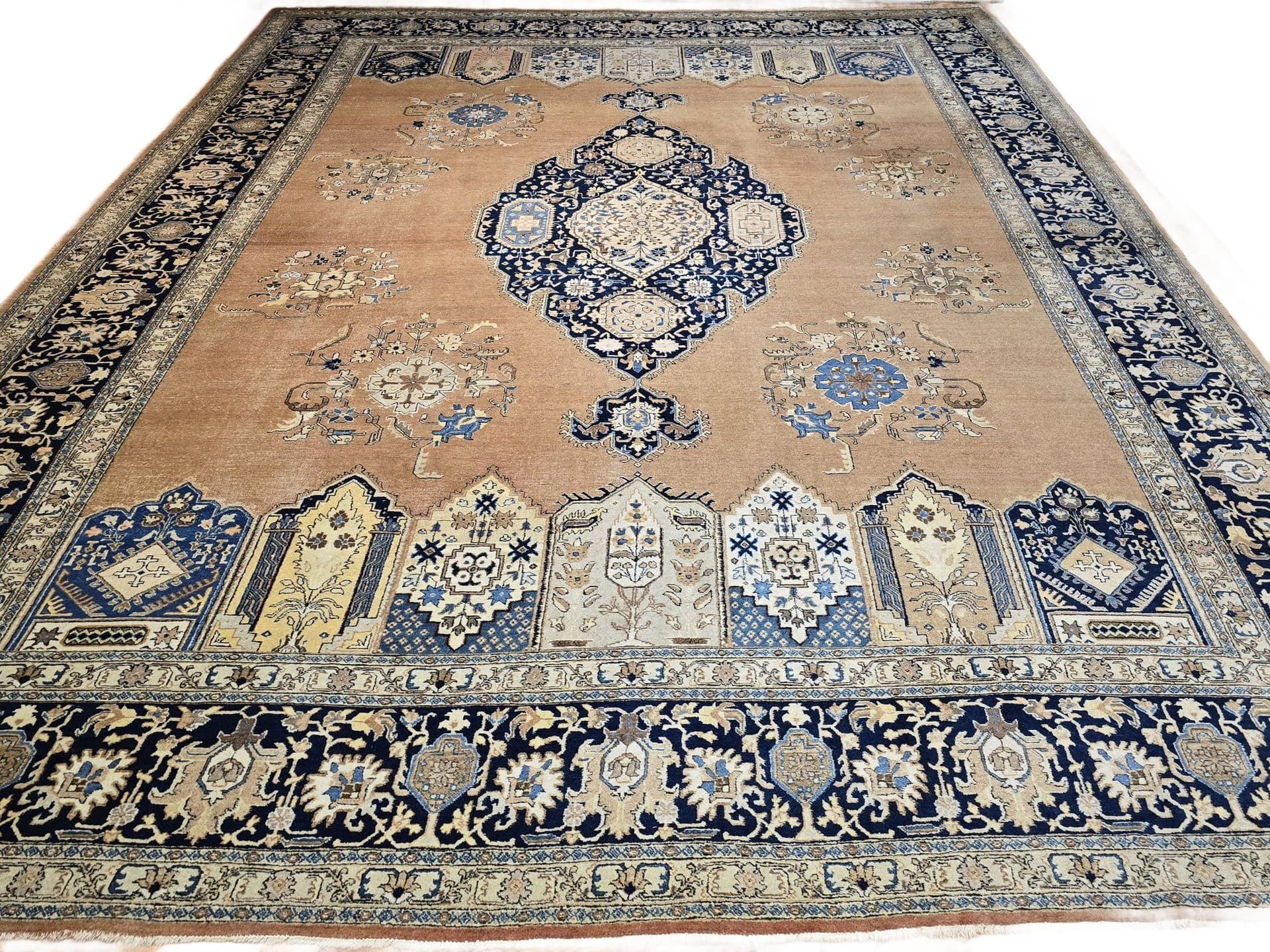 Dywan Tabriz 405x315 cm, brązowy beżowy niebieski złoty, wełna, Iran, lata 30.