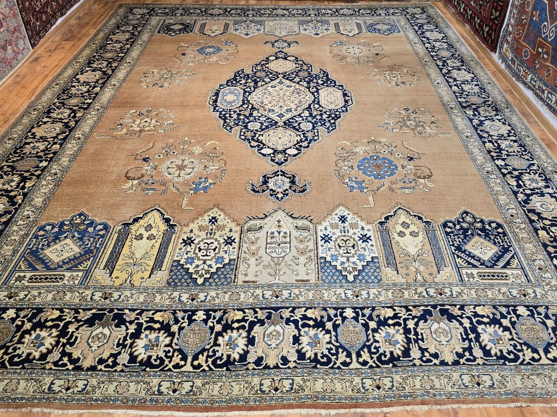 Dywan Tabriz 405x315 cm, brązowy beżowy niebieski złoty, wełna, Iran, lata 30. - 396669