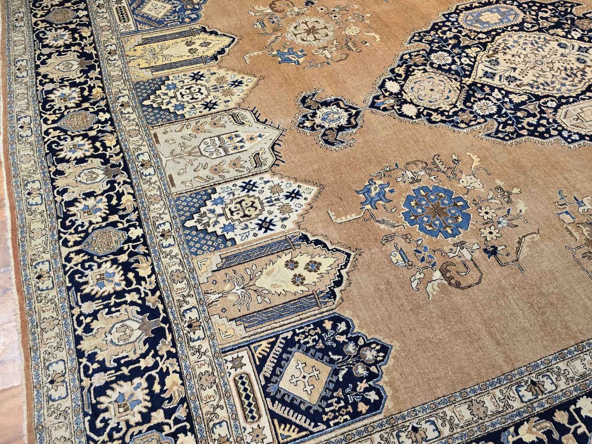 Dywan Tabriz 405x315 cm, brązowy beżowy niebieski złoty, wełna, Iran, lata 30. - 396663