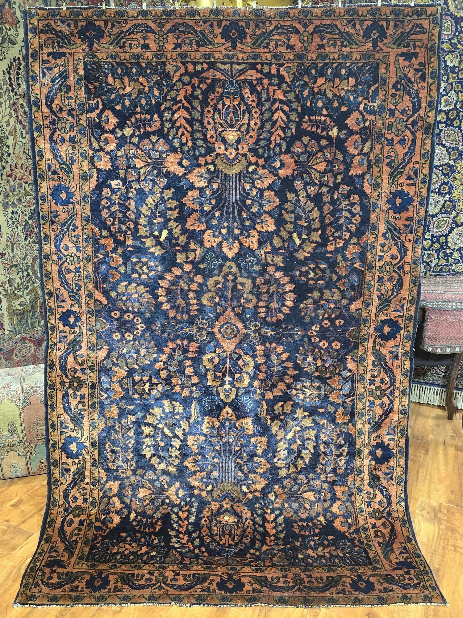 Dywan Ferahan 200x128 cm, niebieski pomarańczowy złoty brązowy czerwony, wełna, Iran, lata 30. - 396709